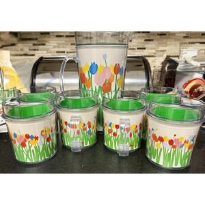 Retro Thermo-Serv Audrey St Set Pitcher & 6 Cups Floral Tropez Tulips 1984 VTG
